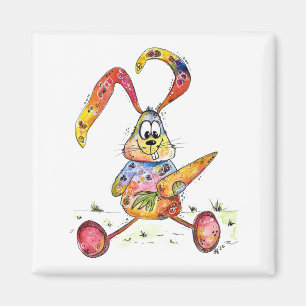 Cute Whimsical Colourful Bunny with Carrot Magnet
