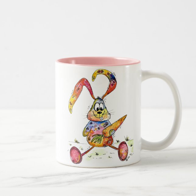 Cute Whimsical Colourful Bunny with Carrot Two-Tone Coffee Mug (Right)