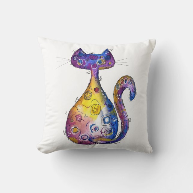 Cute Whimsical Colourful Cat Cushion (Front)