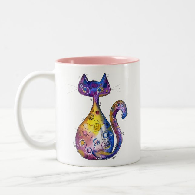 Cute Whimsical Colourful Cat Two-Tone Coffee Mug (Left)