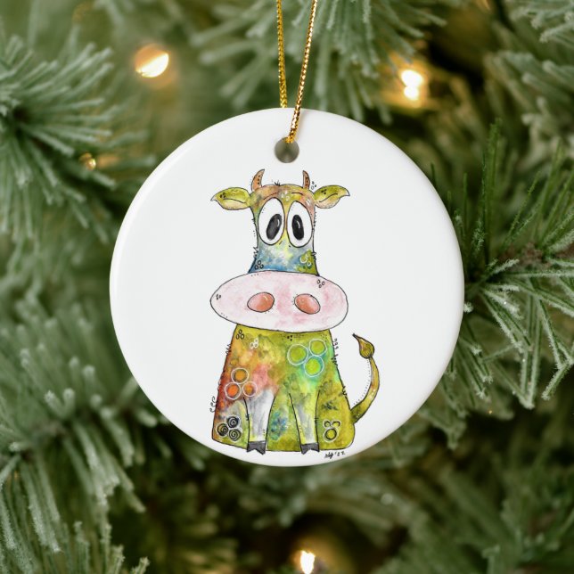 Cute Whimsical Colourful Cow Ceramic Tree Decoration (Tree)