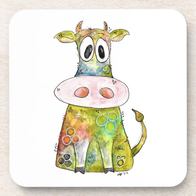 Cute Whimsical Colourful Cow Coaster (Front)