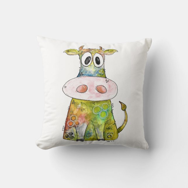 Cute Whimsical Colourful Cow Cushion (Front)