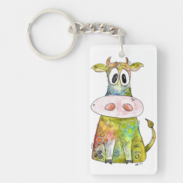 Cute Whimsical Colourful Cow Key Ring (Front)