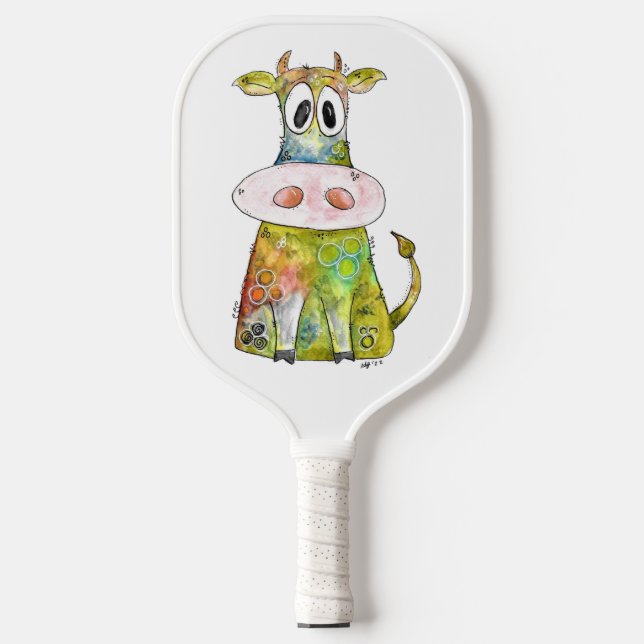 Cute Whimsical Colourful Cow Pickleball Paddle (Front)