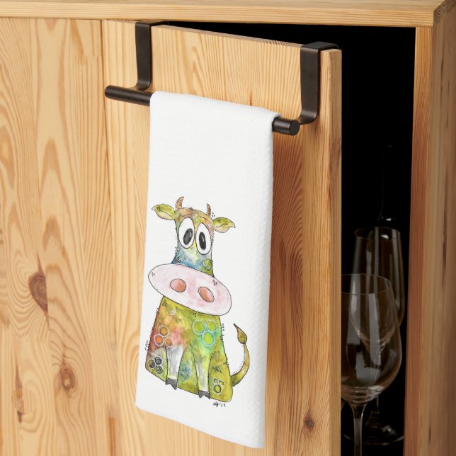 Cute Whimsical Colourful Cow Tea Towel (Thirds Fold)