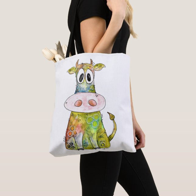 Cute Whimsical Colourful Cow Tote Bag (Close Up)