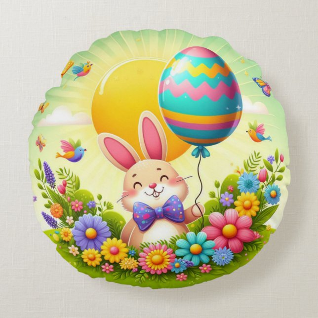 Cute, whimsical & colourful Easter bunny Round Cushion (Front)
