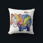 Cute Whimsical Colourful Elephant Cushion<br><div class="desc">This is an original mixed media painting of a whimsical,  colourful elephant with a bird on his back.</div>