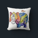 Cute Whimsical Colourful Elephant Cushion<br><div class="desc">This is an original mixed media painting of a whimsical,  colourful elephant with a bird on his back.</div>