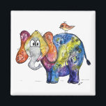 Cute Whimsical Colourful Elephant Magnet<br><div class="desc">This is an original mixed media painting of a colourful elephant with a bird on his back.</div>