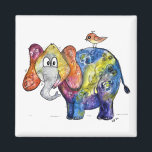 Cute Whimsical Colourful Elephant Magnet<br><div class="desc">This is an original mixed media painting of a colourful elephant with a bird on his back.</div>