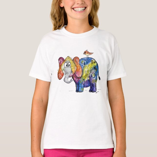 Cute Whimsical Colourful Elephant T-Shirt (Front)
