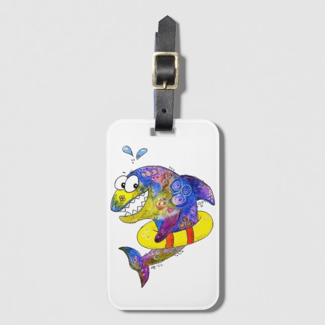 Cute Whimsical Colourful Shark in Float Luggage Tag (Front Vertical)
