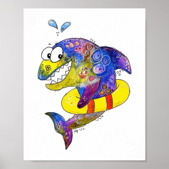 Cute Whimsical Colourful Shark in Float Poster (Front)