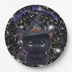 Cute whimsical cosmic Halloween cat Paper Plate
