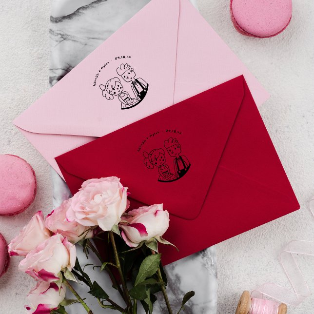 Cute Whimsical Couple Doodle | Monogram Wedding Rubber Stamp (Creator Uploaded)