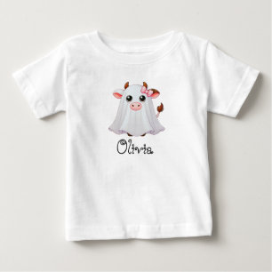 Cute, Whimsical Cow Ghost, Custom Name, Halloween Baby T-Shirt