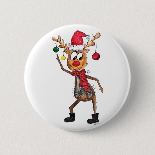 Cute Whimsical Dancing Christmas Deer 6 Cm Round Badge (Front)
