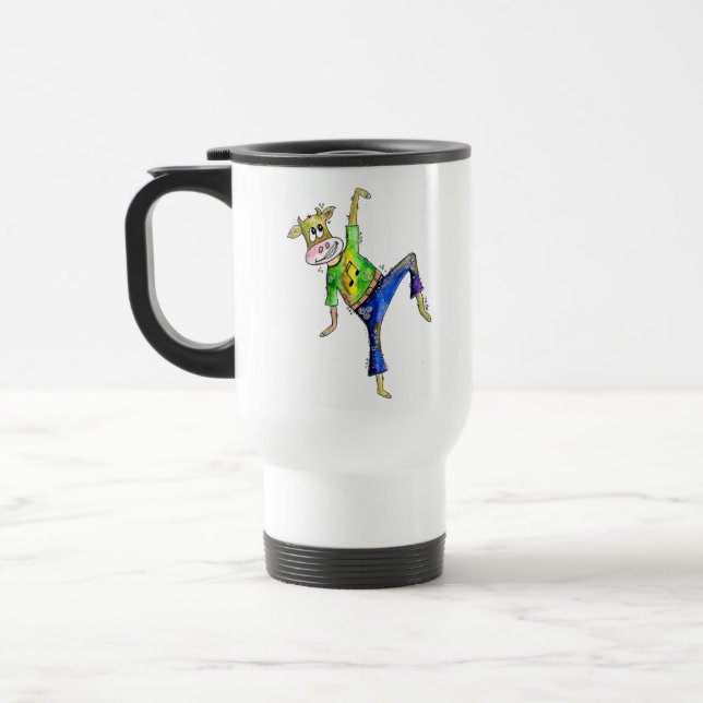Cute Whimsical Dancing Cow Travel Mug (Left)