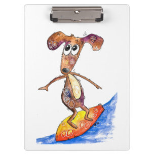 Cute Whimsical Dog on Surfboard Clipboard