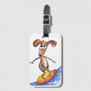 Cute Whimsical Dog on Surfboard Luggage Tag