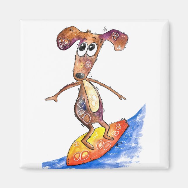 Cute Whimsical Dog on Surfboard Magnet (Front)