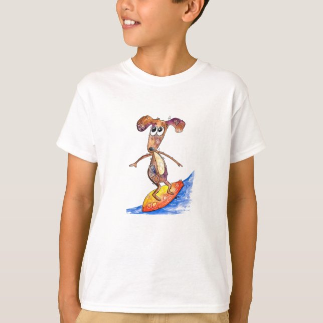 Cute Whimsical Dog on Surfboard T-Shirt (Front)