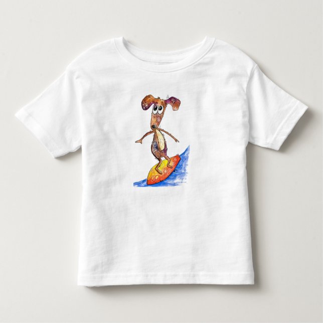 Cute Whimsical Dog on Surfboard Toddler T-Shirt (Front)