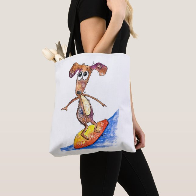 Cute Whimsical Dog on Surfboard Tote Bag (Close Up)