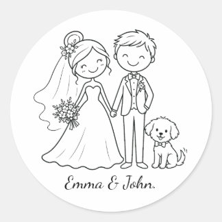 Cute Whimsical Dog Wedding Bride Groom Favour Classic Round Sticker