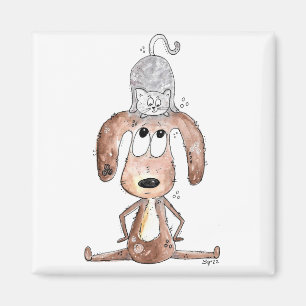Cute Whimsical Dog with Cat on His Head Magnet