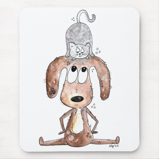 Cute Whimsical Dog with Cat on His Head Mouse Pad (Front)