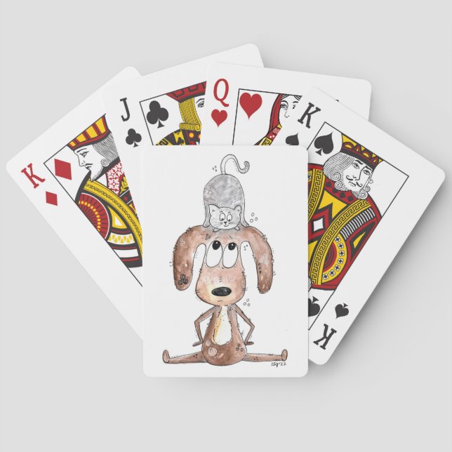 Cute Whimsical Dog with Cat on His Head Playing Cards (Back)