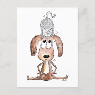 Cute Whimsical Dog with Cat on His Head Postcard