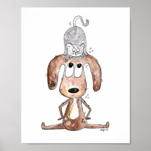 Cute Whimsical Dog with Cat on His Head Poster