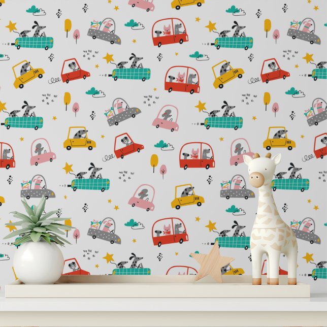 Cute Whimsical Dogs Cars Modern Kids Pattern Wallpaper (Creator Uploaded)
