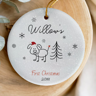 Cute Whimsical Doodle Dog First Christmas Ceramic Tree Decoration