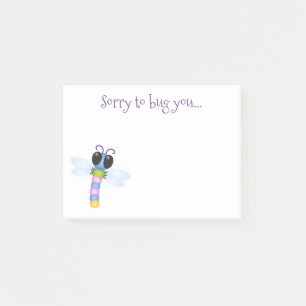 Cute whimsical dragonfly cartoon illustration post-it notes