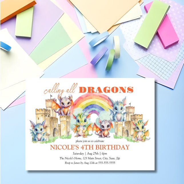 Cute Whimsical Dragons Castle Rainbow Birthday Invitation (Creator Uploaded)