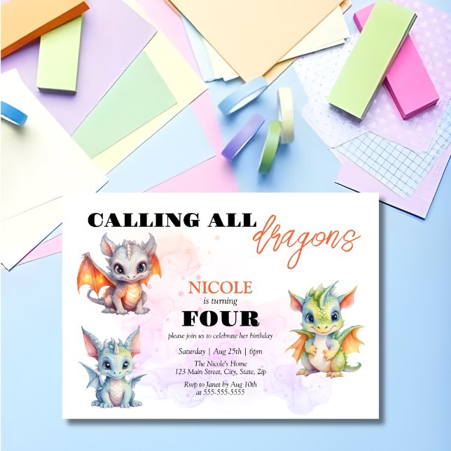 Cute Whimsical Dragons Fairytale Kids Birthday Invitation (Creator Uploaded)