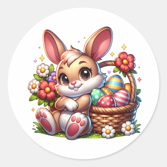 Cute Whimsical Easter Bunny with Basket Classic Round Sticker (Front)