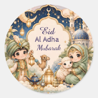 Cute Whimsical Eid Al Adha Mubarak Kids Muslim Classic Round Sticker