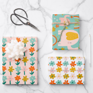 Cute Whimsical Elephants Flowers Blush Mint Spring Wrapping Paper Sheet