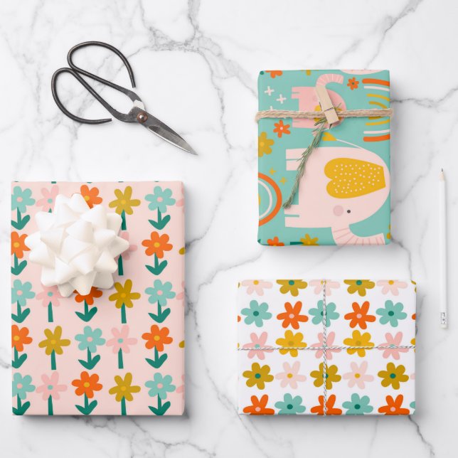 Cute Whimsical Elephants Flowers Blush Mint Spring Wrapping Paper Sheet (Front)