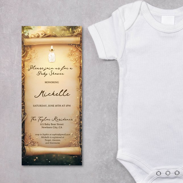 Cute Whimsical Enchanted Forest Scroll Baby Shower Invitation (enchanted forest with baby bottle, gold and green baby shower scroll invitation)