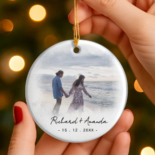 Cute whimsical engaged or newly weds faded photo ceramic tree decoration