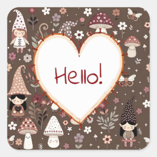 Cute Whimsical Fair Gnomes and Mushrooms Hello  Square Sticker