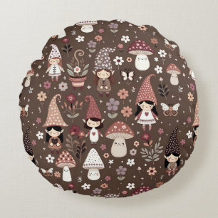 Cute Whimsical Fair Gnomes and Mushrooms  Round Cushion