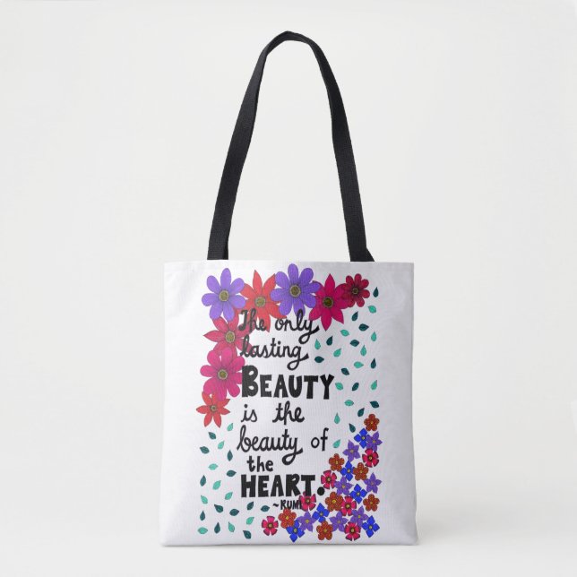 Cute Whimsical Floral Inspirational Beauty Quote Tote Bag (Front)